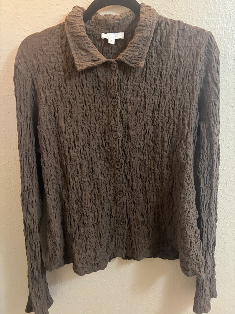 Textured Button-Front Long Sleeve Top - Brown